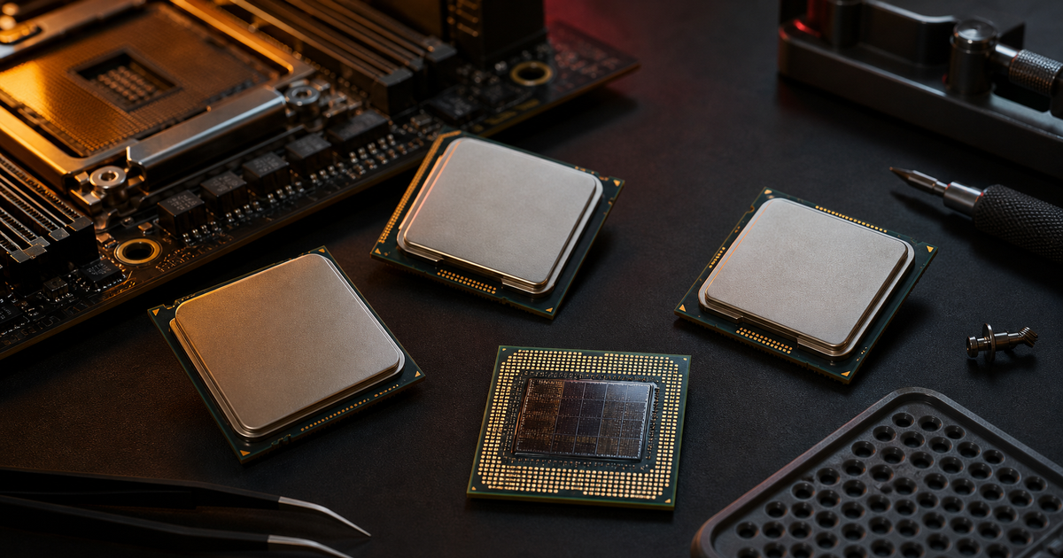 AMD-compatible desktop processors arranged on a technical workbench