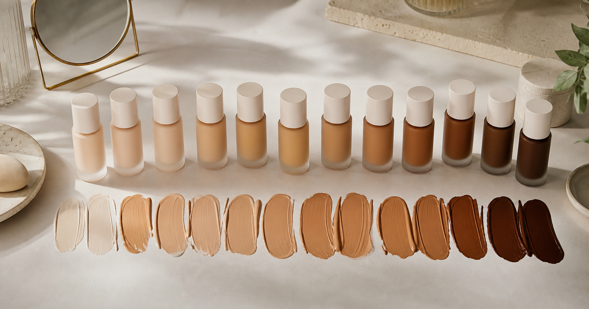 Foundation bottles and a range of skin-tone swatches on a clean beauty desk