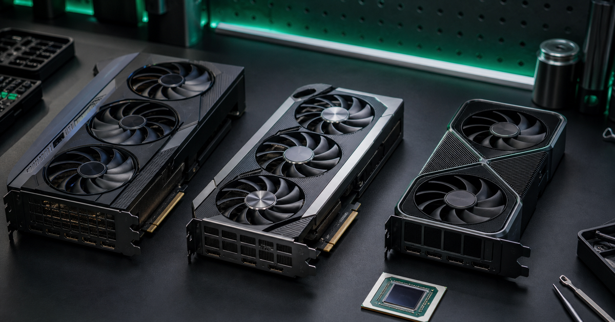 High-performance graphics cards on a dark technical workbench