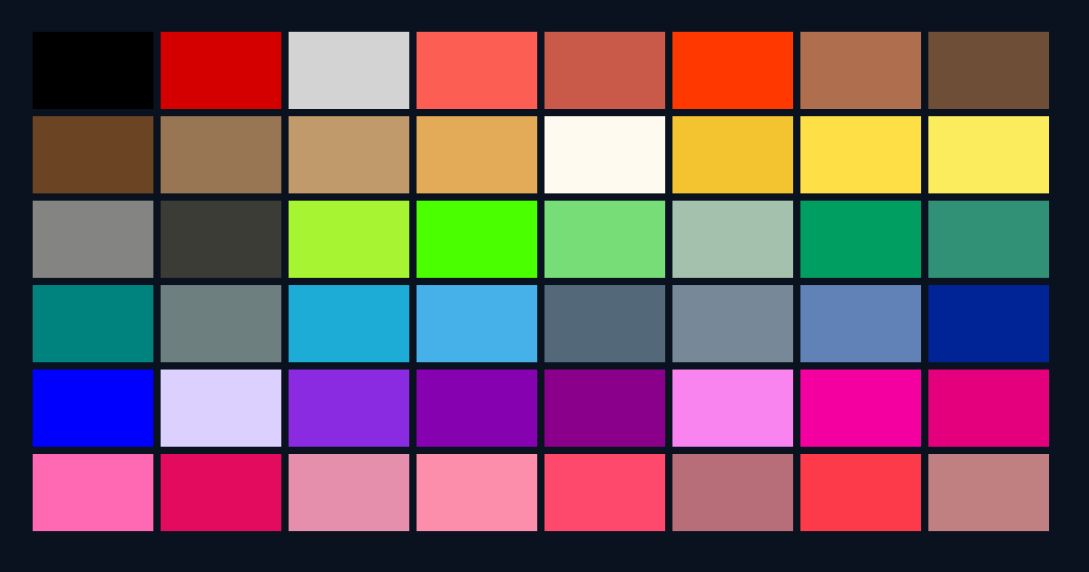 Mosaico de amostras de cores para comparar códigos HEX, RGB e HSL.