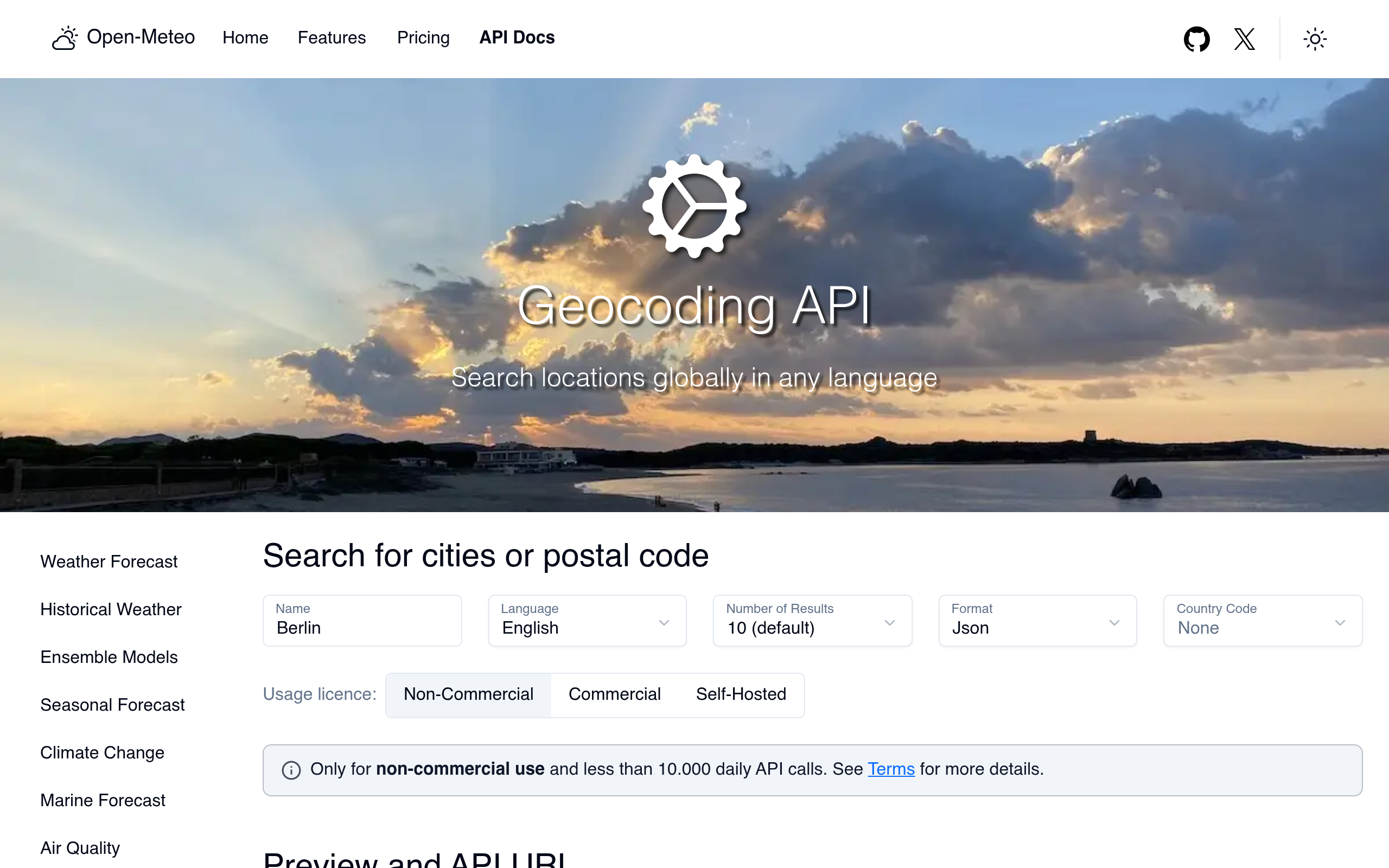 Reale Vorschau von Open-Meteo Geocoding