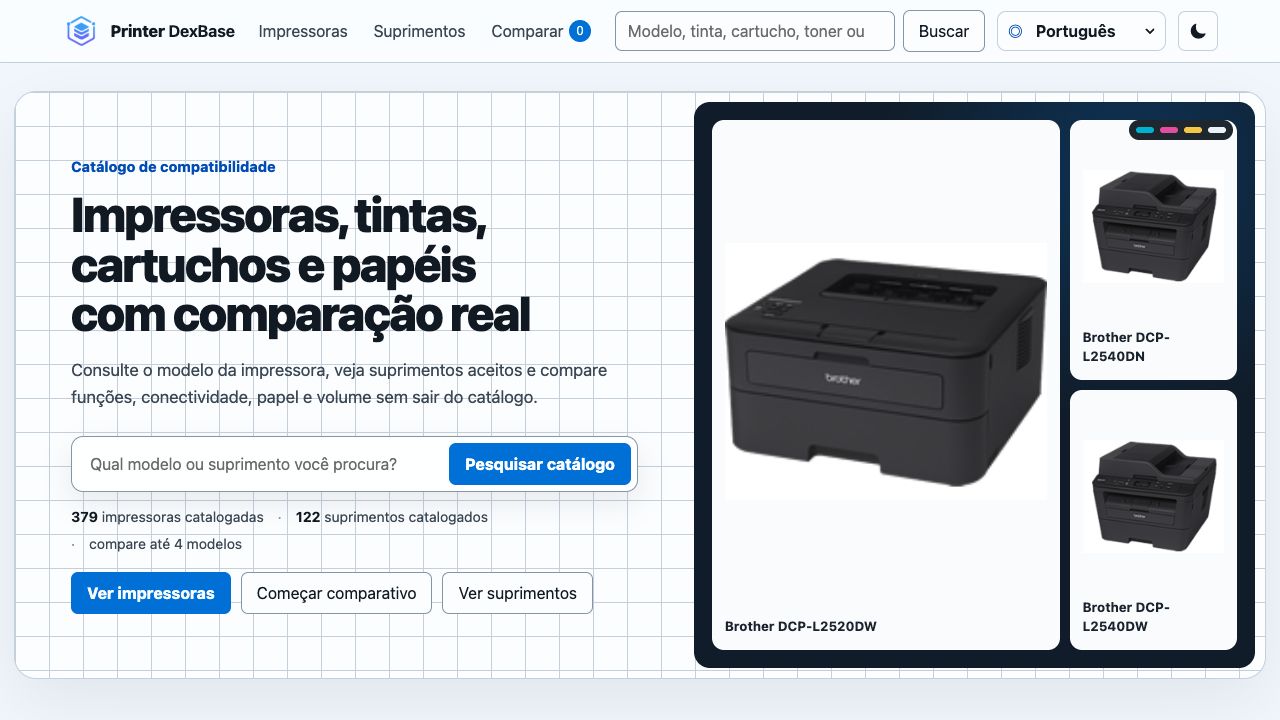 Catálogo Printer DexBase com busca por impressora, tinta, cartucho ou toner