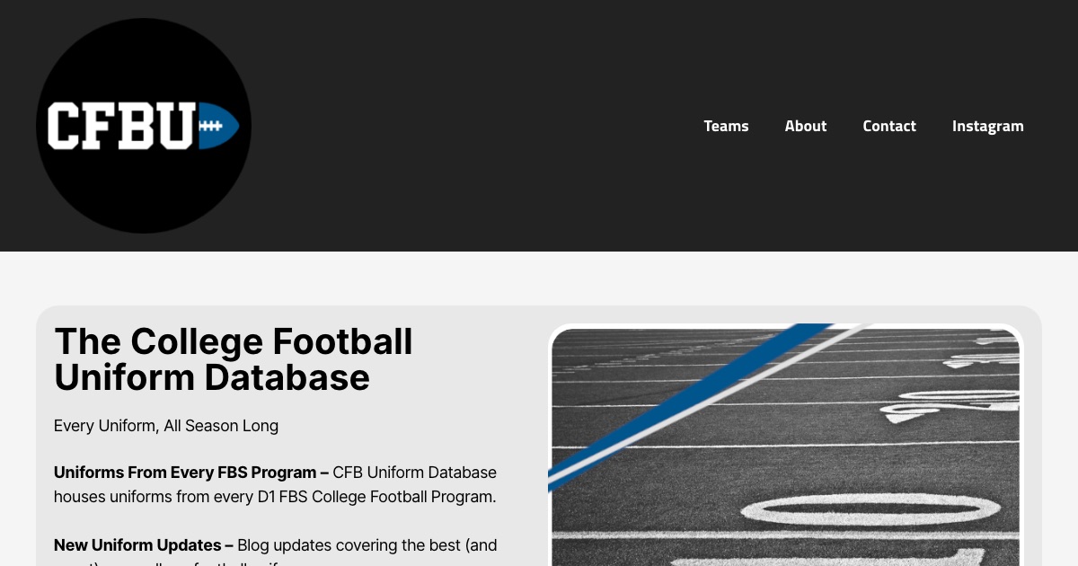 Live CFB Uniform Database home page for FBS program uniforms