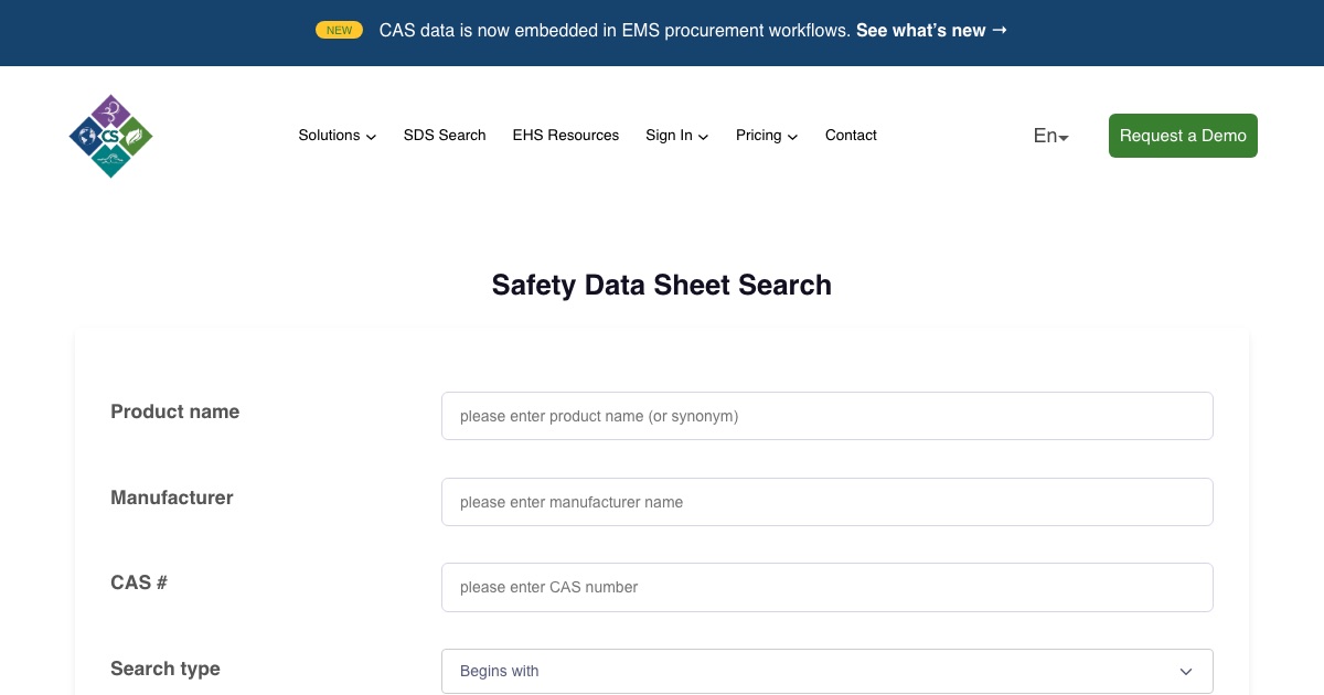 Live ChemicalSafety search form for product, manufacturer and CAS number