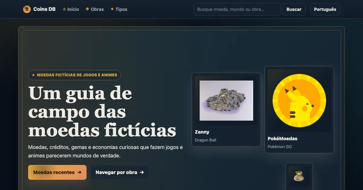 Coins DB com moedas fictícias de jogos e anime