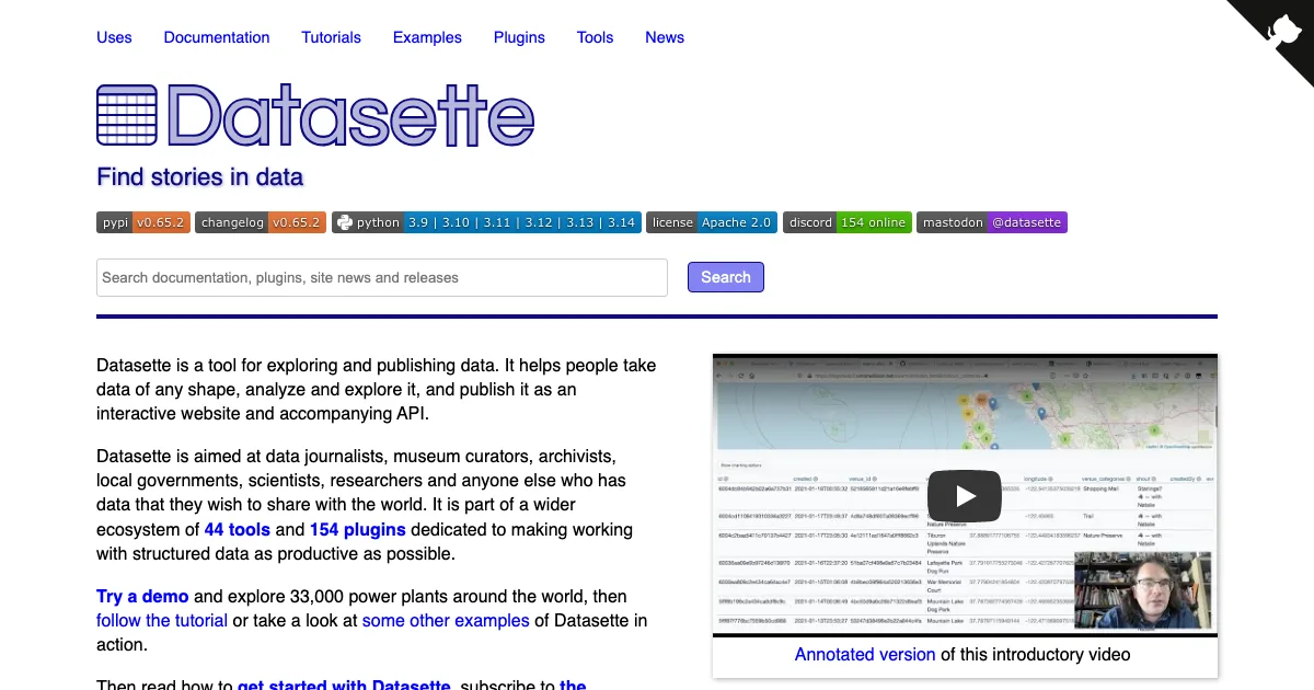 Página do Datasette, ferramenta para explorar e publicar conjuntos de dados