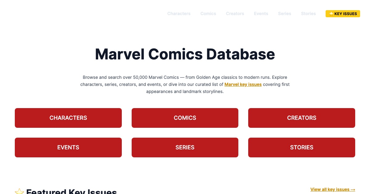 Live Marvel Comics Database page with comics, creators, events and series navigation