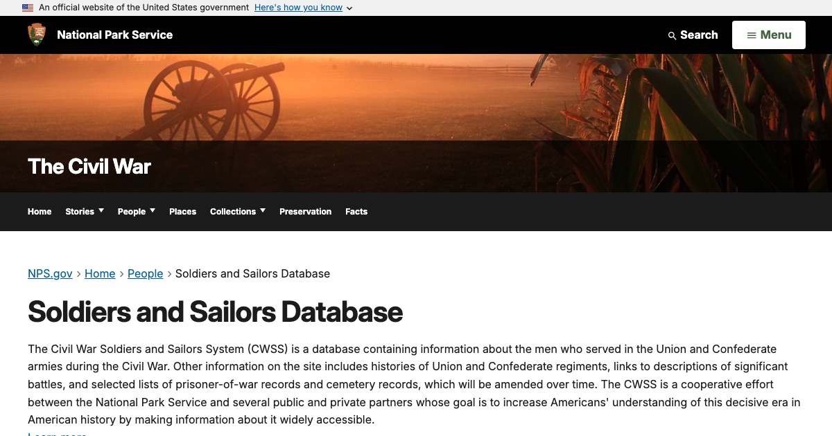 Live National Park Service Soldiers and Sailors Database page