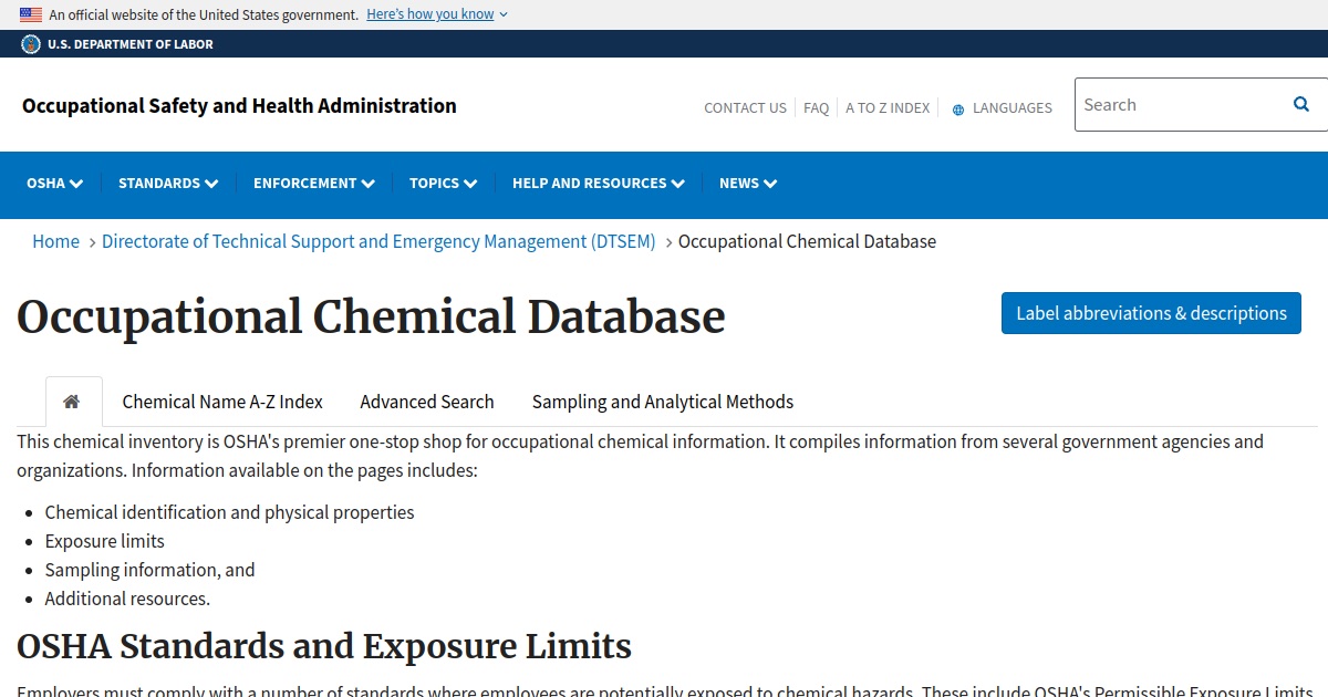 Live OSHA Occupational Chemical Database page and its published information categories