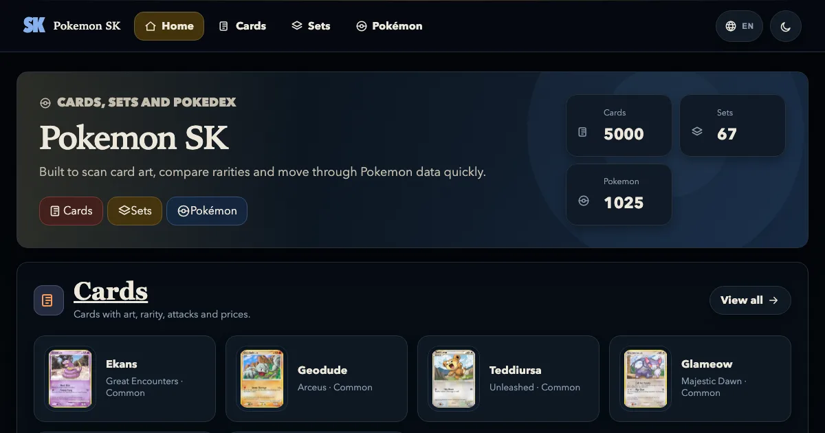 Live Pokemon SK home page showing cards, sets and the Pokédex