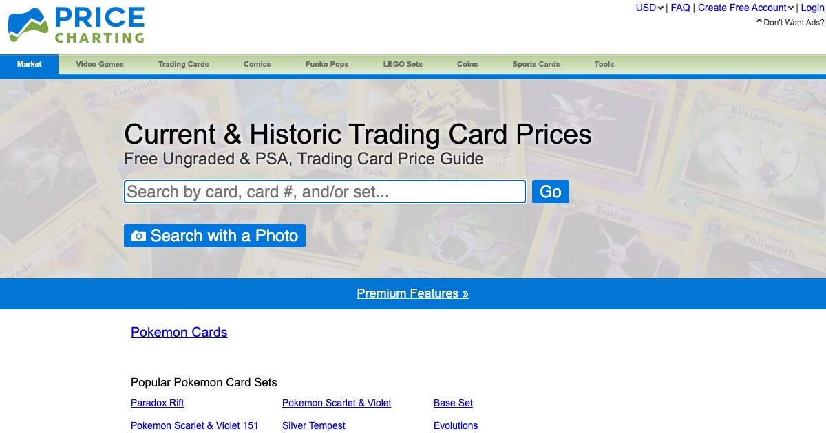 Live PriceCharting trading-card search and price guide page