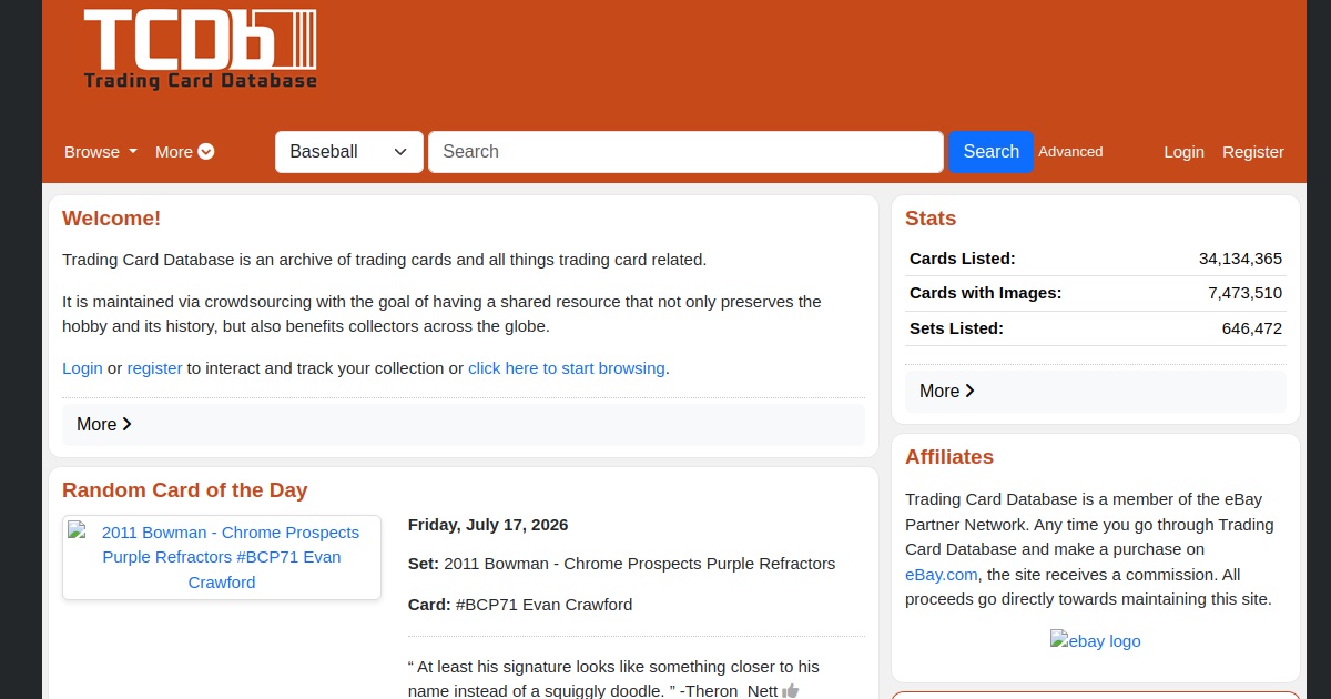 Live Trading Card Database home page with current card, image and set totals
