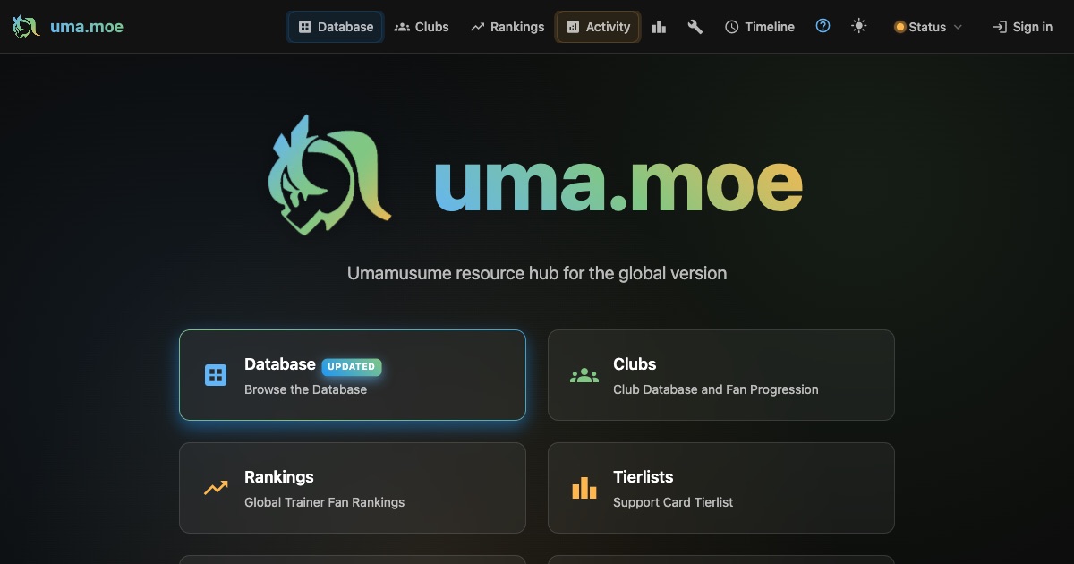 Live uma.moe resource hub with database, clubs, rankings and tier lists