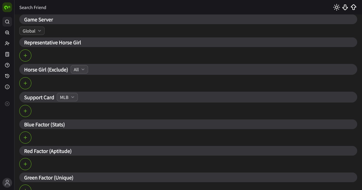Live Umamusume DB friend-search page with server, character, support and factor filters