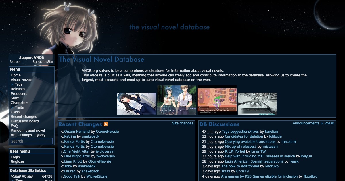 Live VNDB home page with visual novel statistics and recent changes