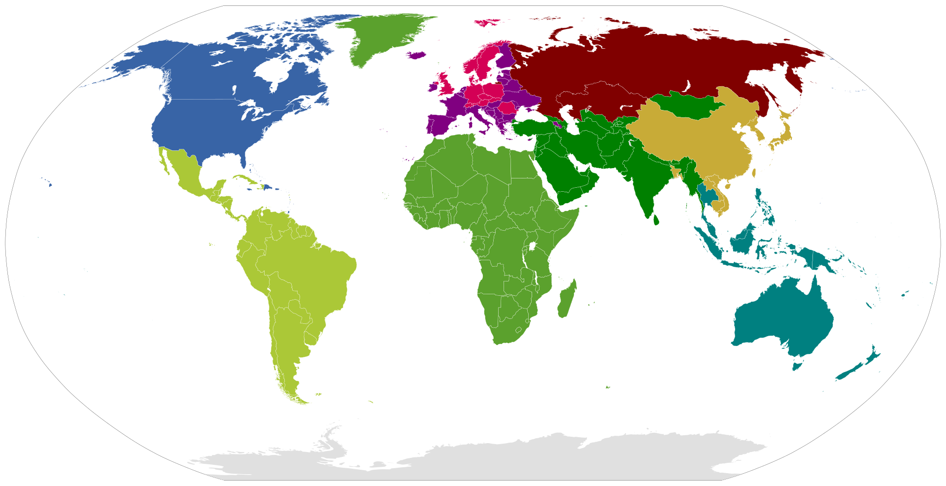 World map of international telephone calling-code zones